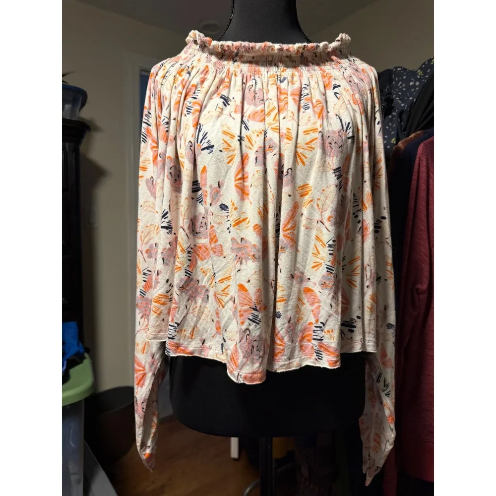 We The Free Free People Floral Smocked Off The Shoulder Long Sleeve Top Orange M
